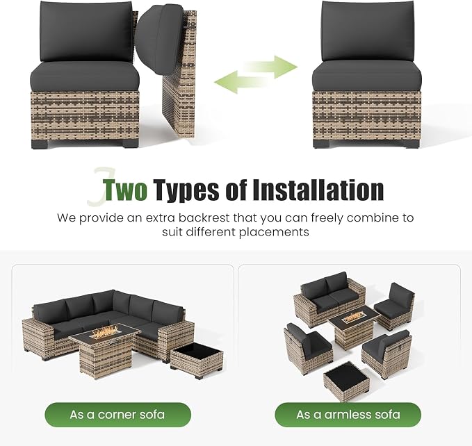 UDPATIO Patio Furniture Set with Fire Pit Table, L-Shaped 8" Armrest Sectional Set, All-Weather PE Rattan Conversation Furniture w ‌Thick Cushions, Coffee Table for Outdoor Backyard Porch Grey