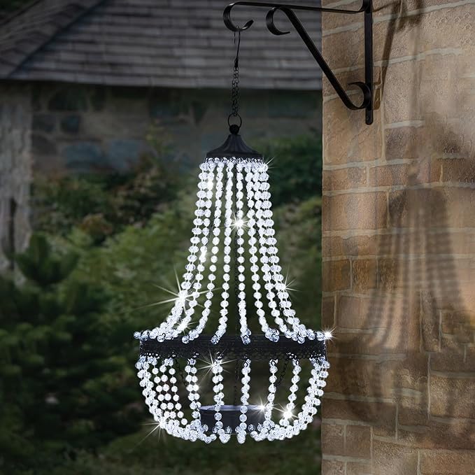 Hanging Solar Lantern Outdoor, 28” Modern Clear Crystal Acrylic Chandelier with 30 Cool White Lights S Hook for Garden, Yard, Patio, Gazebo Decorations