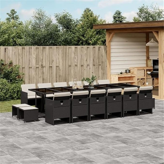 Afuera Living Contemporary Patio Dining Set, Powder-Coated Finish, Black/Cream White, Seats 16, UV-Resistant Waterproof Materials, Foldable, Removable Cushion Covers, Outdoor Use for Garden or Terrace