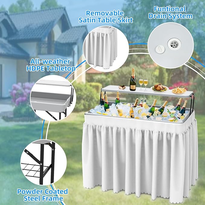 Ice Cooler Folding Table,Double-Layer Party Chilling Table with Drain and Detachable White Skirt to Keep Drinks Cool for Weddings, Outdoor, Picnics, Pool Parties
