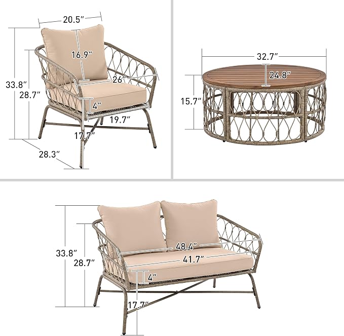 VilroCaz Bohemia-Inspired 4-Person Outdoor Seating Group with Loveseat, 2 Chairs and Table, All Weather Conversation Patio Set with Wood Tabletop and Washable Cushions for Backyard Poolside Garden