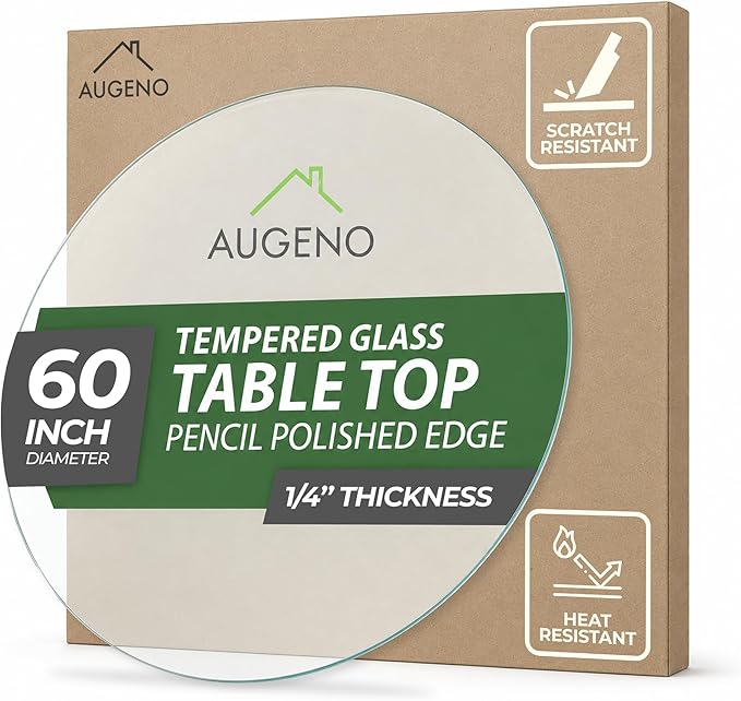 60 inch Round 1/4" Thick Pencil Polished Edge Glass Table Top with 6 Bumpers - Tempered, Scratch Resistant & Safety Replacement Glass Designed for Dining, Coffee, Patio & End Tables