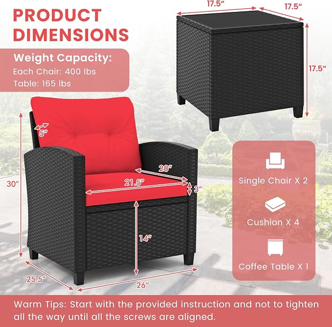 ORALNER 3 Pieces Patio Furniture Set, Wicker Conversation Set Outdoor Chairs with Cushions, Glass Coffee Table, Rattan Bistro Set for Front Porch Balcony Garden Deck Poolside (Red)
