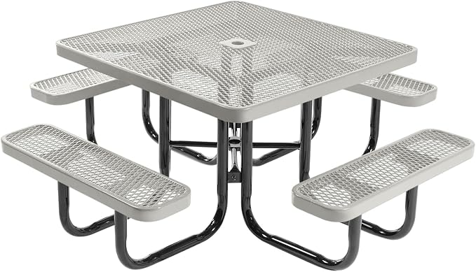 COATEDOUTDOORFURNITURE Heavy-Duty Portable Outdoor Picnic Table with Umbrella Hole, Expanded Metal Commercial-Grade Patio Dining Furniture Made in America (46" Square Top, Grey)