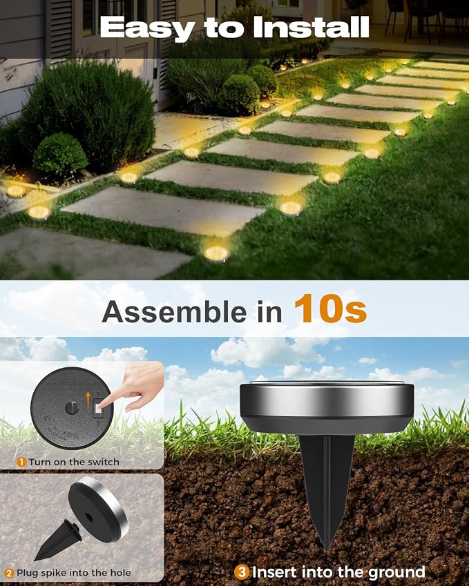 btfarm 2 Pack Solar Lights Outdoor, 8 LED Solar Ground Lights IP65 Waterproof Flat Solar Disc Light, Pathway Lights for Garden Lawn Patio Yard Path Landscape, Warm White
