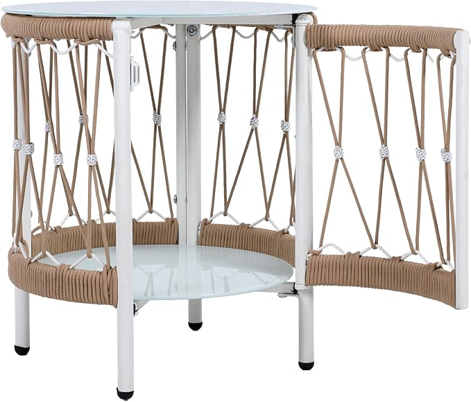 BohoChic Outdoor Side Table - Handwoven Rope & Tempered Glass Top Table with Powder-Coated Steel Frame, 20" Small Desk Size for Patio/Poolside(Beige+Natural)