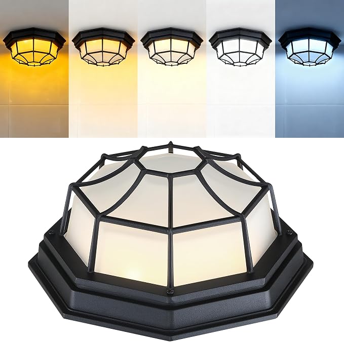 10.5 inch Black Octagonal Outdoor Ceiling Lights LED 2700K 3000K 3500K 4000K 5000K Close to Ceiling Light Farmhouse Spider Web Lamp Black Entry Door Lights,Aluminum Alloy,Glass,17W,120V,850Lm-1050Lm