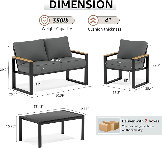 NATURAL EXPRESSIONS 4 Pieces Patio Furniture Sets,Metal Outdoor Patio Furniture Sets,Outdoor Sectional Patio Conversation Set,Wooden Anti-Scald Armrest,Sling Mesh,4" Olefin Cushions Dark Grey