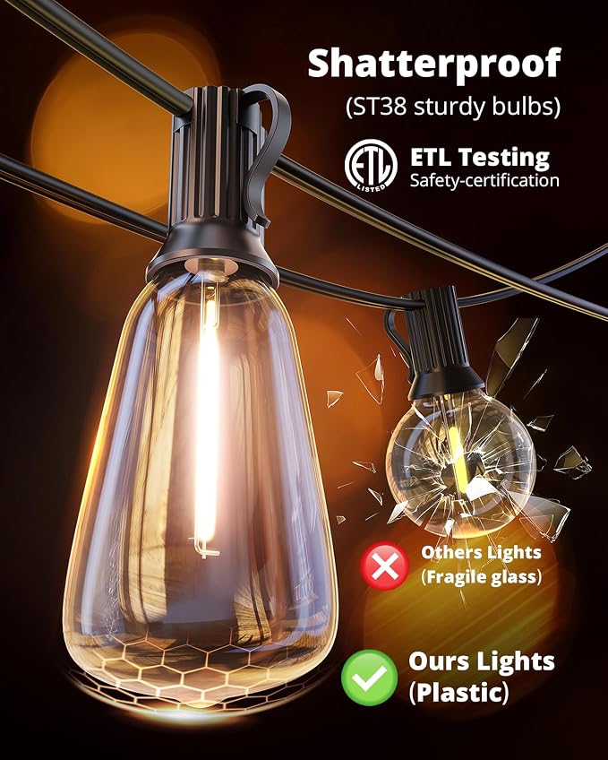 VIPAR Outdoor String Lights,25FT LED Patio Lights Waterproof 11 ST38 Bulbs | Shatterproof,Edison Outside Lights,Plug-In,2700K Dimmable, Connectable, Hanging Light for Porch Garden Backyard Deck Balcony