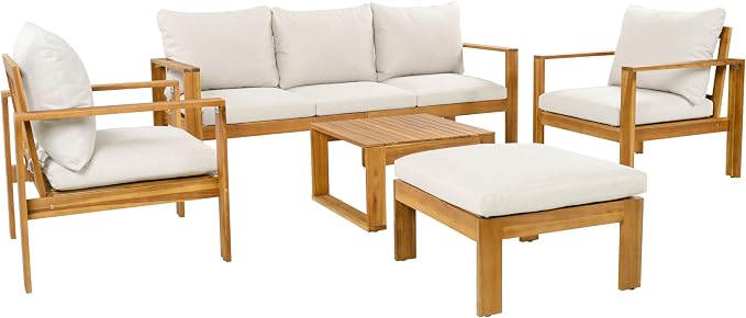 Virubi 5pcs Acacia Patio Sectional Sofa Set, Transitional Style Patio Conversation Set with 3-Seater, 2 Chairs, Coffee Table & Ottoman, Water-Repellent Cushions