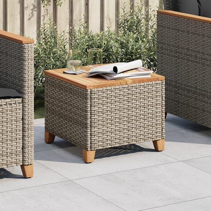 vidaXL Patio Table, Side Coffee Table with Steel Frame, Square Outdoor Table for Garden Backyard Balcony, Gray Poly Rattan Acacia Wood