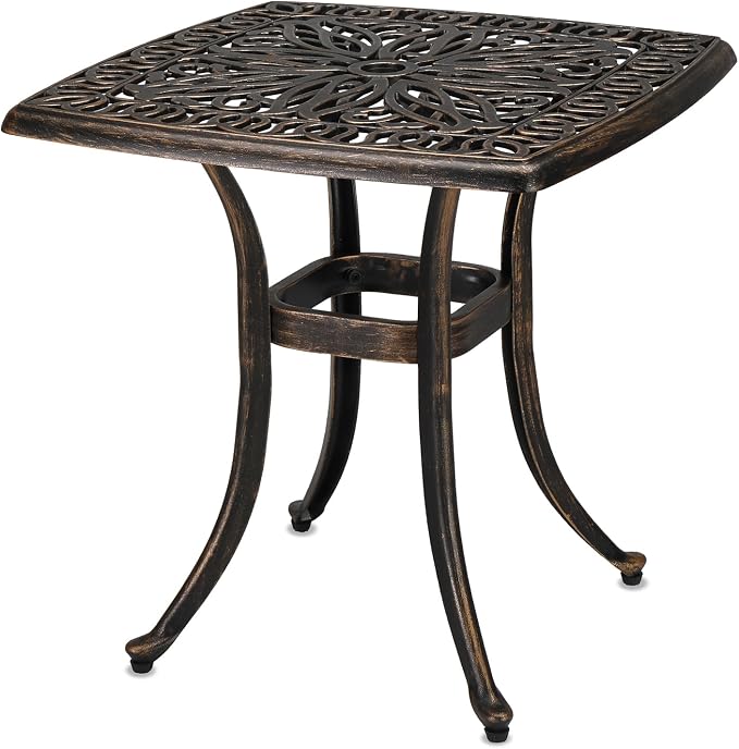 Cast Aluminum Square Patio Table with Umbrella Hole - 21.3 Inch Weather-Resistant Outdoor Bistro Table for Backyard, Poolside, Indoor/Outdoor, Easy Maintenance