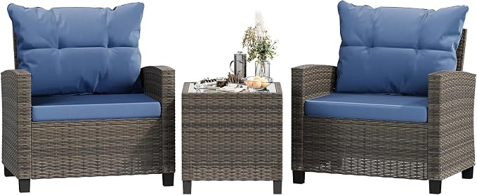 Shintenchi 3 Pieces Patio Furniture Set 3 Pieces PE Rattan Wicker Chairs with Table Outdoor Furniture for Backyard/Garden/Poolside/Outdoor Restaurant Gary Rattan with Blue Cushion