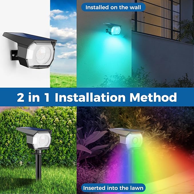 Solar Spot Lights Outdoor Color Changing, Halloween RGB Spotlights | 2 Pack/7 Modes, Waterproof, Solar Powered, Landscaping, Lighting for Outside Pathway Yard Wall Garden Walkway