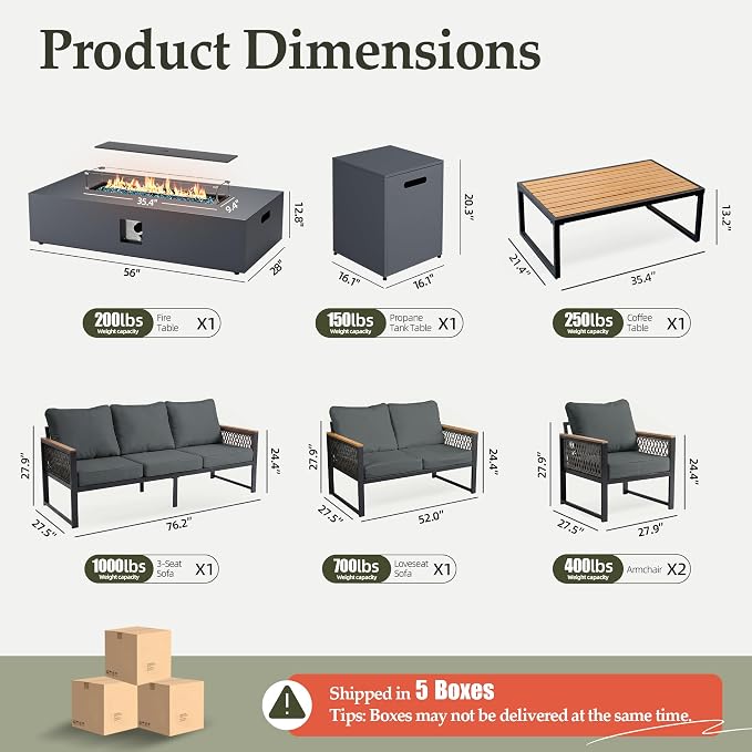 UPHA 7 Pieces Patio Furniture Set with 56" Propane Gas Fire Pit Table, Metal Outdoor Sectional Couch Set with Loveseat & 3-Seat Sofa, Modern Patio Conversation Set for Porch Balcony Deck, Gray