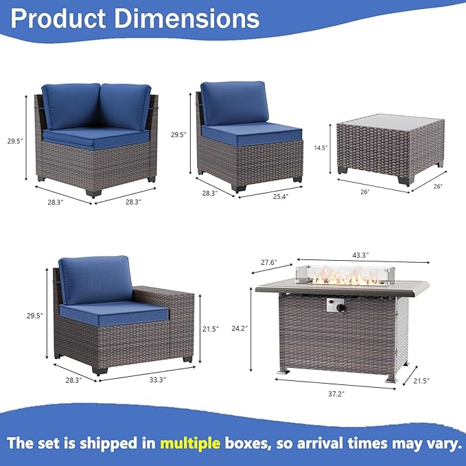 7 PCS Outdoor Patio Furniture Set,Outdoor Sectional Furniture with 43" 55000 BTU Gas Propane Fire Pit Table,All Weather PE Rattan Wicker Patio Conversation Set,Navy Blue