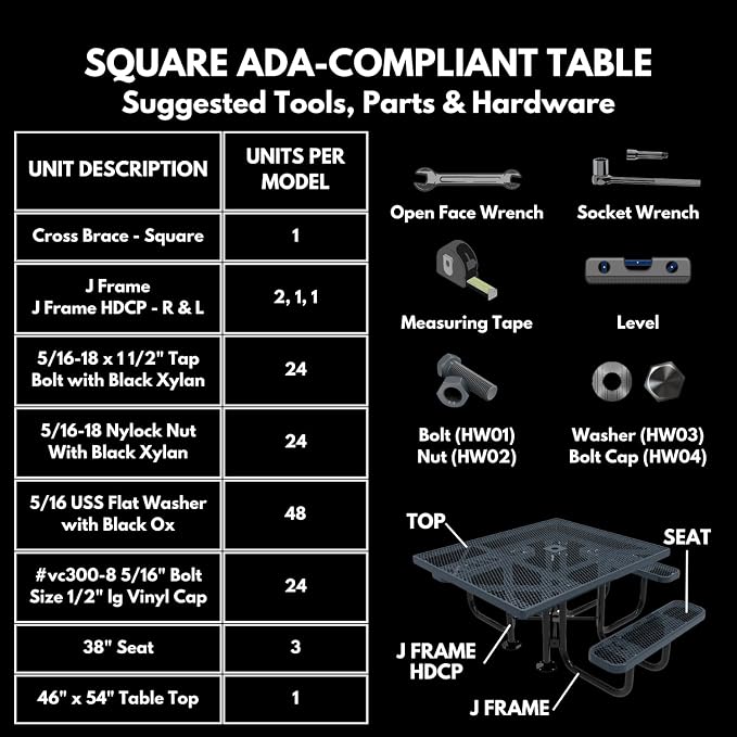 COATEDOUTDOORFURNITURE Heavy-Duty Portable ADA-Compliant Outdoor Picnic Table with Umbrella Hole, Expanded Metal Patio Dining Furniture Made in America (46" Square Top, Orange)