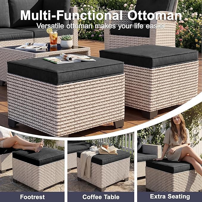 Patio Furniture Set, 12-Piece Outdoor Sectional Sofa with Swivel Rocker Chairs & Ottomans, Wicker Patio Conversation Set with Coffee Table, Black Cushions