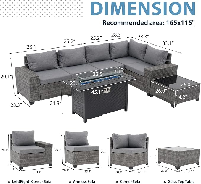 JOIVI 7 Pieces Outdoor Patio Furniture Set with 45” Fire Pit Table, Rattan Patio Sectional Sofa Conversation Set with 50000BTU Propane Fire Pit and Coffee Table for Garden, Backyard, Deck, Gray