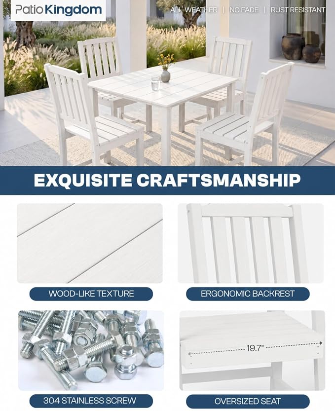 HDPE Outdoor Dining Set for 4, Square Table and Chairs, White | All-Weather HDPE, Wood Grain Finish, 42.5" Square Table, Built-In Umbrella Hole, Seats 4, Patio & Poolside Ready