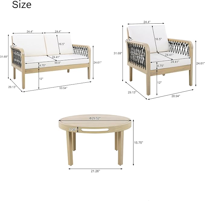 Merax 4-Piece Outdoor Acacia Wood Patio Conversation Set, 2 Club Chairs + Loveseat & Coffee Table with Handwoven Rope & Cushions, Furniture Set for Garden, Balcony, Poolside, Light Teak