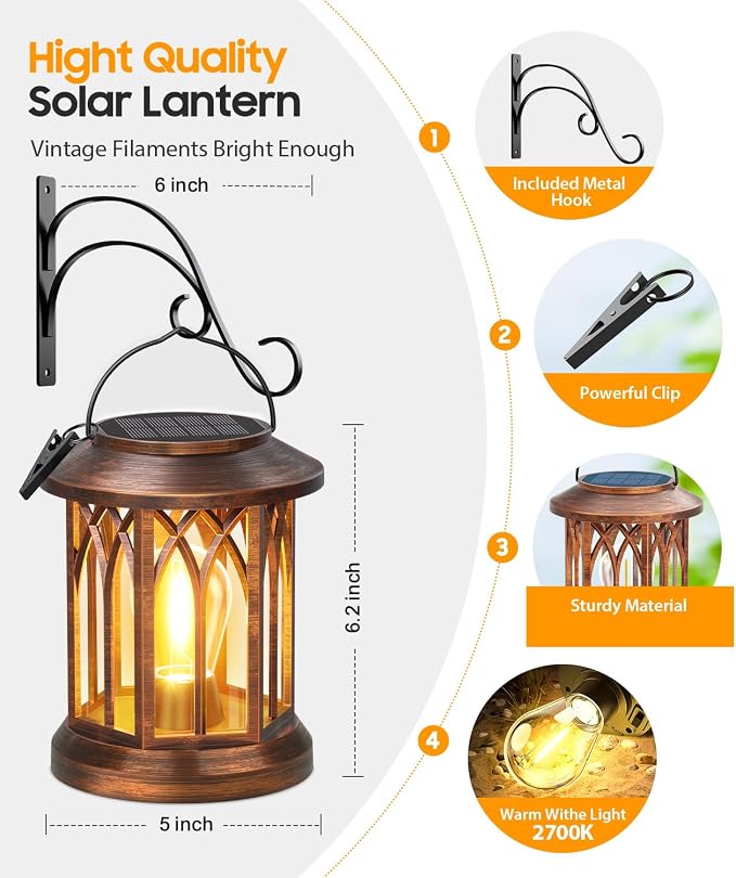 Solar Lanterns Outdoor Waterproof 6 Pack, Upgraded Solar Lantern Outdoor Lights with Metal Hooks Kit, Hanging Solar Lights for Outside Decorative Patio Yard Path Porch Garden Decor(Copper)