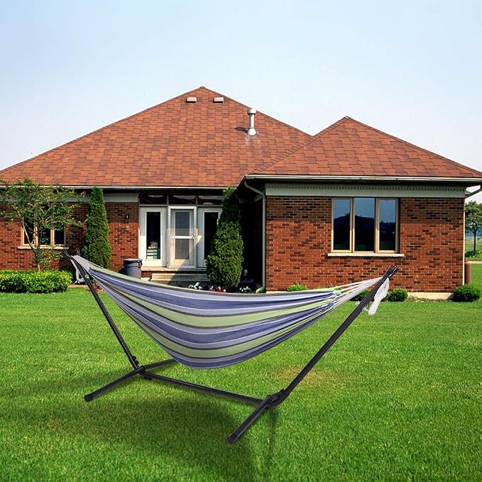 Hammock with Stand, Double Cotton Hammock with Space Saving Steel Stand, Heavy Duty Outside Garden Yard Outdoor 250lb Capacity Standing Hammocks and Portable Carrying Bag