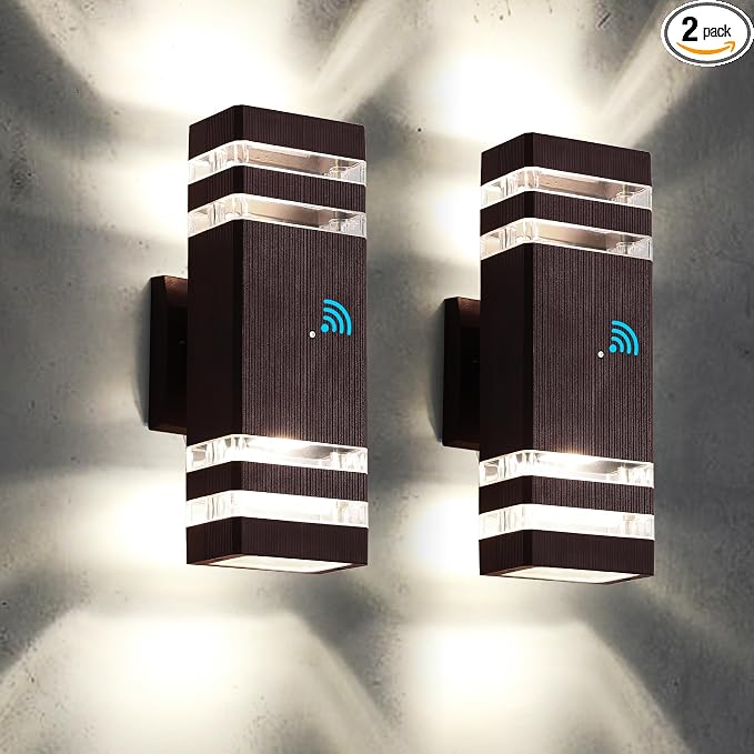 2 Pack Outdoor Wall Lights, Modern Dusk to Dawn LED Outdoor Lighting 2-Layer Brown Outdoor Lights for House Exterior Wall Light Fixture Waterproof Up and Down Porch Lights for Garage Entryway