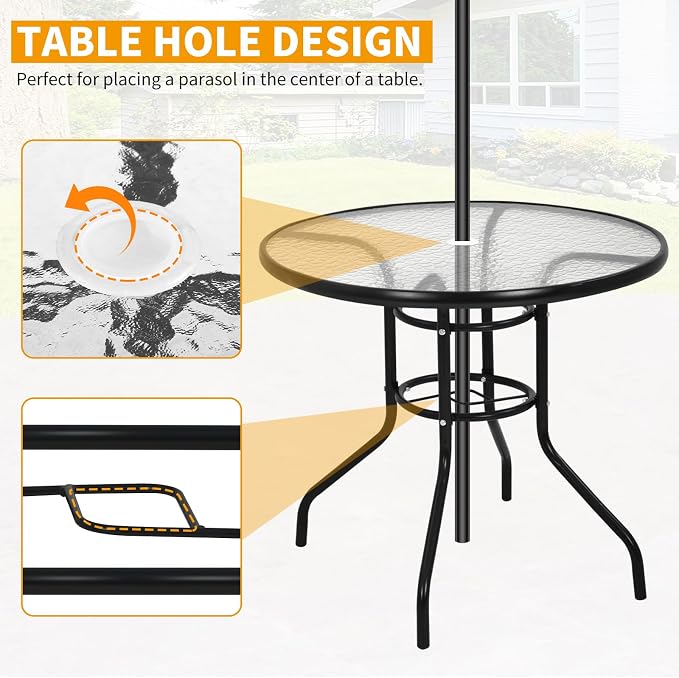 BLKMTY 32" Round Bistro Table Outdoor Furniture Garden Tables Patio Coffee with Tempered Glass Top Patio Glass Side Table for Backyard Lawn Balcony Pool, Black