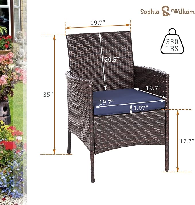 Sophia & William Patio Table and Chairs Set for 4, 5 Pieces Outdoor Dining Set, Square Metal Outdoor Table and Rattan Chairs with 1.57" Umbrella Hole, Seat Cushions