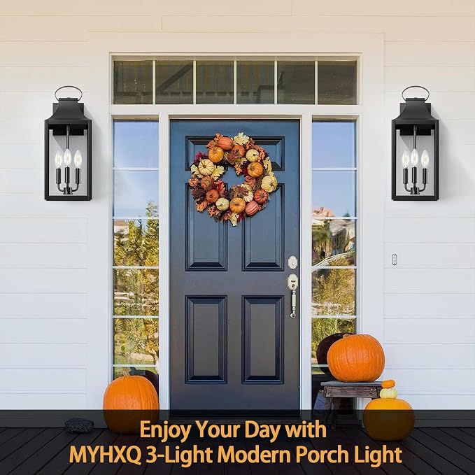 20" Extra Large Dusk to Dawn Outdoor Wall Light with 3-Light, Black | Exterior Lighting Fixtures, Waterproof Wall Mount Porch Lantern, Modern Outside Wall Sconce Garage Coach Light, E12, 1 Pack