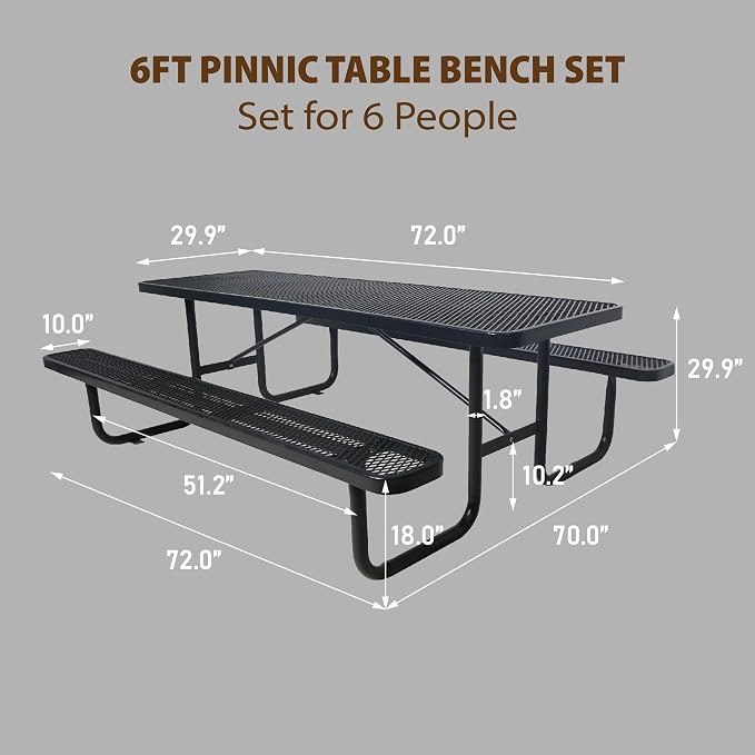 6FT Rectangular Metal Picnic Table for Outdoors, Commercial Steel Metal Picnic Tables, Heavy Duty Sturdy Picnic Tables Furniture Set for Patio Garden Courtyard BBQ, with Umbrella Hole, Black