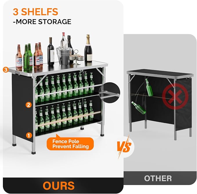 VINGLI 43" Portable Bar Table, 3-Tier Shelves, Carry Bag，Mobile Bar Table for Events, Party, Camping, Picnic, Tradeshow, Outdoor & Indoor with Black Skirt(2, 43") (2) (Black-1P, 43")