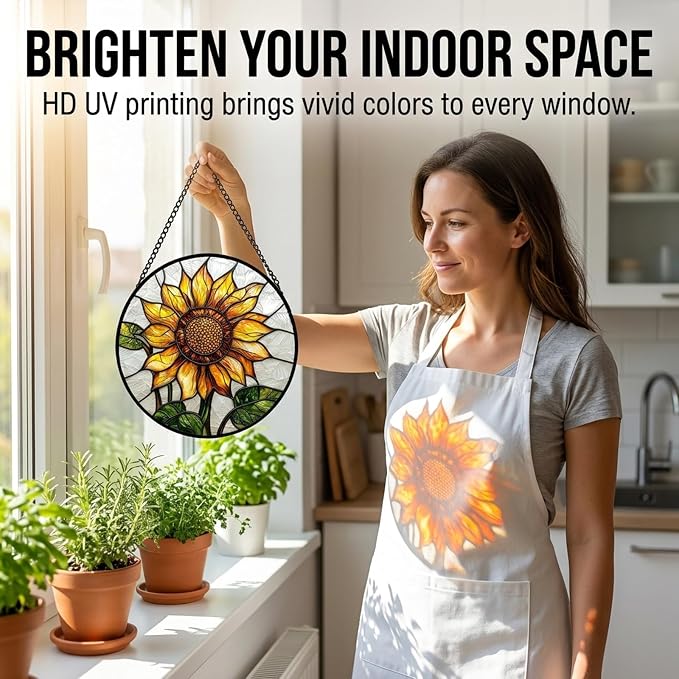 Sunflower Gifts for Women - Yellow Flower Faux Stained Glass Window Hanging Sun Catcher for Door Garden Acrylic Decor Mother's Day Christmas Birthday Gift for Mom Nana Grandma Sisters Colleague 6.3"