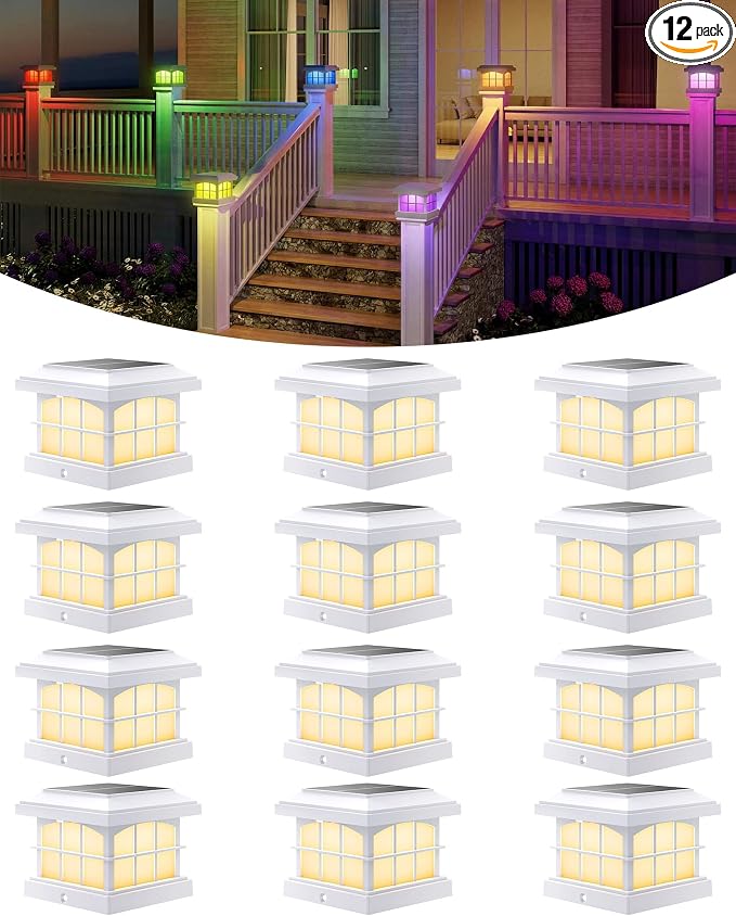 RGBCW Solar Post Cap Lights 12-Pack, 9 Colors 3 Modes Fence Cap Lights, Bright Solar Outdoor Waterproof LED Deck Lighting for Fence Garden Deck Patio Porch Decor 4x4 Vinyl/Wood, White