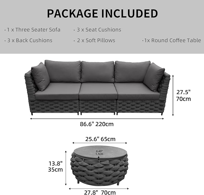 3-Seat Modular Outdoor Sofa Set with Coffee Table, Woven Rope Patio Sectional Couch, Rust-Proof Aluminum Frame, Water-Resistant Cushions for Backyard Balcony Deck, Dark Gray