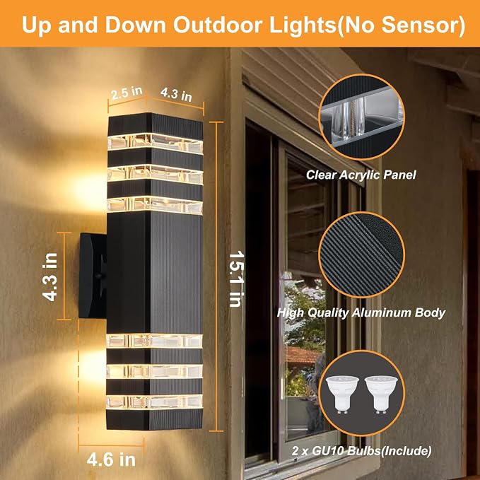 DASTOR 4 Pack Modern Outdoor Wall Lights, 15.1'' Up and Down Porch Lights, 14W 3000K Warm White Exterior Sconce Lighting Fixtures for House Garage