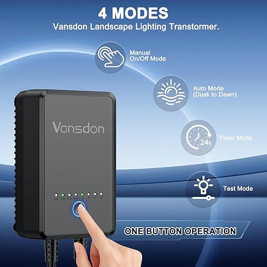 Vansdon 60W Low Landscape Voltage Transformer,120V AC to 12V DC,ETL Listed | Timer & Photocell Sensor,Circuit protection & Memory function,4 modes,Weatherproof,for Pathlight,Spotlight,ETL Listed