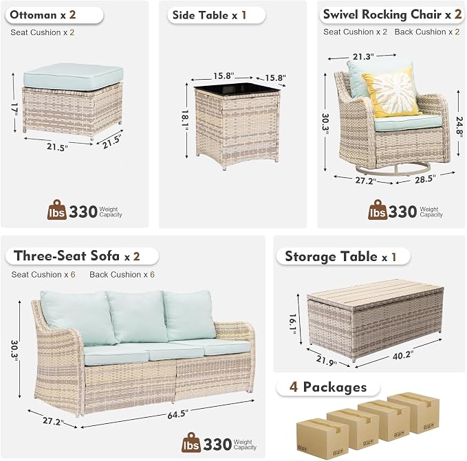 MEISSALIVVE Outdoor Patio Furniture Set with Swivel Chair, 8 Pieces Patio Conversation Set, Patio Sectional Furniture Set with 2 Three-seat Sofa, 2 Ottomans and Coffee Table (Blue)