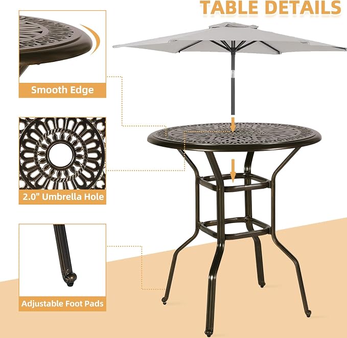 Cast Aluminum Patio Bar Table, 35.4" Outdoor Bar Height Bistro Table with 2" Umbrella Hole, Patio Bistro Round High Top Dining Table Pub Table for Porch Balcony Backyard, Dark Bronze