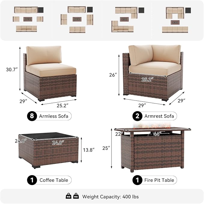 LazySunsets 12-Piece Patio Furniture Set with 44" Fire Pit Table, Wicker Outdoor Furniture, Patio Conversation Sets with Coffee Table, Outdoor Sectional Couch, Beige