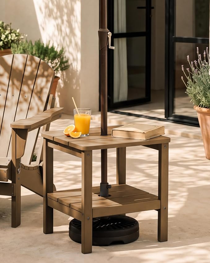 SERWALL Double Layer Adirondack Side Table with Umbrella Hole, HIPS Outdoor Side Table Rectangular End Tables for Patio, Poolside, Garden, Brown