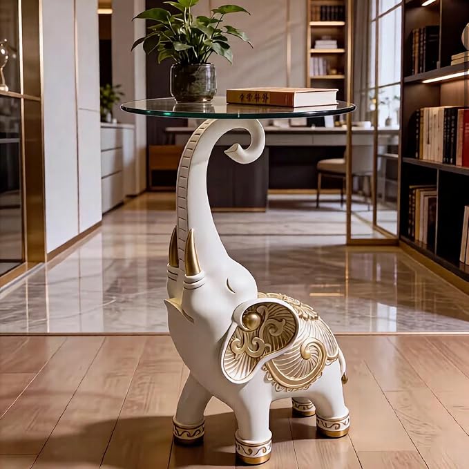 Elephant Side Table with Glass Top, White and Gold, 27.2 Inch