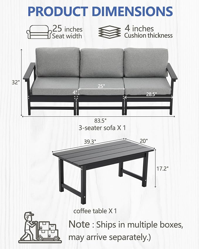 HDPE Outdoor Patio Furniture Set, 4-Piece Sofa Set with 3-Seat Couch & Coffee Table, Weatherproof Conversation Set with Cushions, All-Weather Waterproof, for Garden, Porch & Backyard