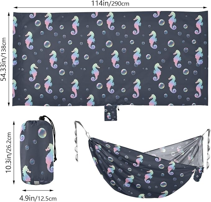 Camping Hammock Outdoor Hammocks for Outside Laser Seahorse Beach Trees Portable Lightweight with Pockets Tree Straps Indoor
