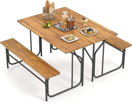 Tangkula Patio Dining Bench Set for 4, Heavy-Duty Outdoor Acacia Wood Dining Furniture with Metal Legs for Balcony, Backyard, Poolside, Garden (2,52” x 32” x 29.5”)