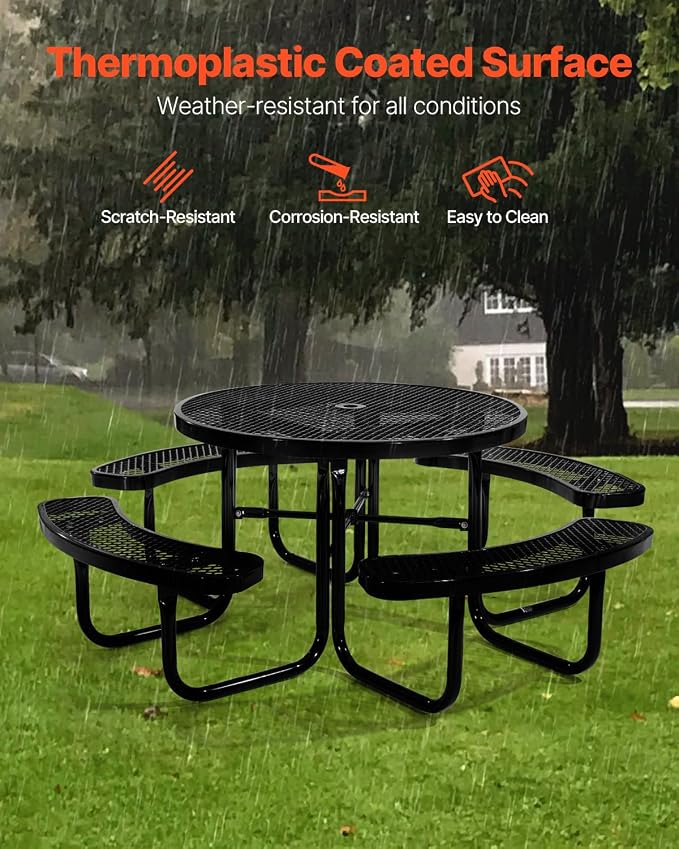 VEVOR Heavy-Duty Picnic Table, Outdoor Furniture Weather Resistant Patio Dining Set, Coated Steel Tables with Umbrella Hole, 46" Round Table and Bench Set, for Garden, Backyard, Porch (Black)