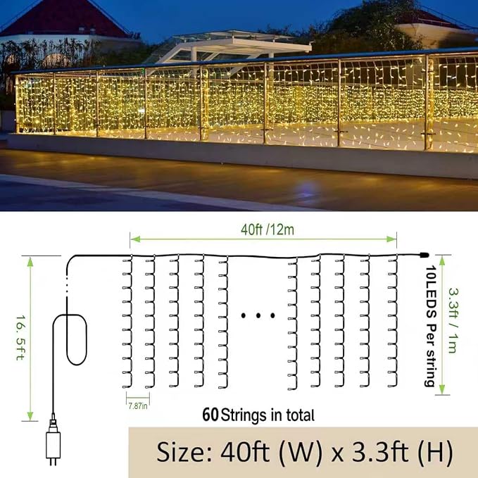 Solhice LED Curtain Lights Outside 40ft x 3ft for Backyard, 600 LED Plug in Hanging Fence String Lights Outdoor Waterproof for Backdrop Backyard Patio Deck Décor (Not Connectable)