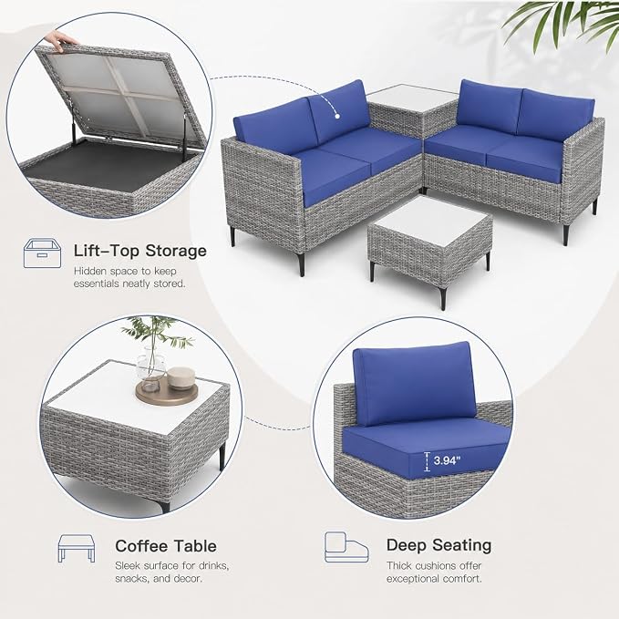 Garvee All-Weather PE Rattan Patio Furniture Set, 4 Piece Outdoor Sectional Sofa Couch with Storage Coffee Table, l-Shaped Conversation Set for Garden, Backyard, Poolside, Porch, Gray Blue