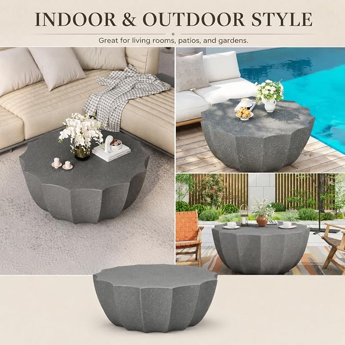 35.43" Concrete OutdoorTable,Modern Round Outdoor Coffee Table,Waterproof Stone Coffee Table for Patio for Terraces, Gardens, Backyards and Living Rooms (Grey, 35.43")